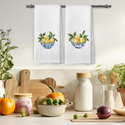 Chinoiserie Lemon Kitchen Towels Set of 2, Blue and White Porcelain Hand Towel, Grand Millennial Home Dining Room Decorative Tea Towel Dish Towels 16x24 Inch