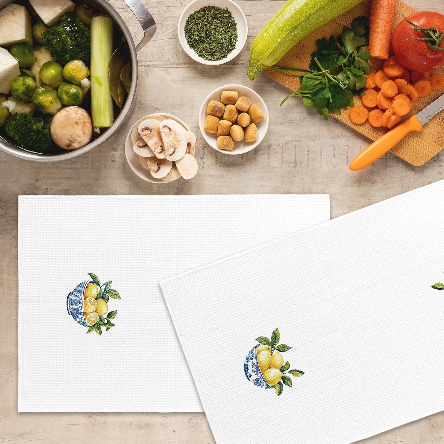 Chinoiserie Lemon Kitchen Towels Set of 2, Blue and White Porcelain Hand Towel, Grand Millennial Home Dining Room Decorative Tea Towel Dish Towels 16x24 Inch