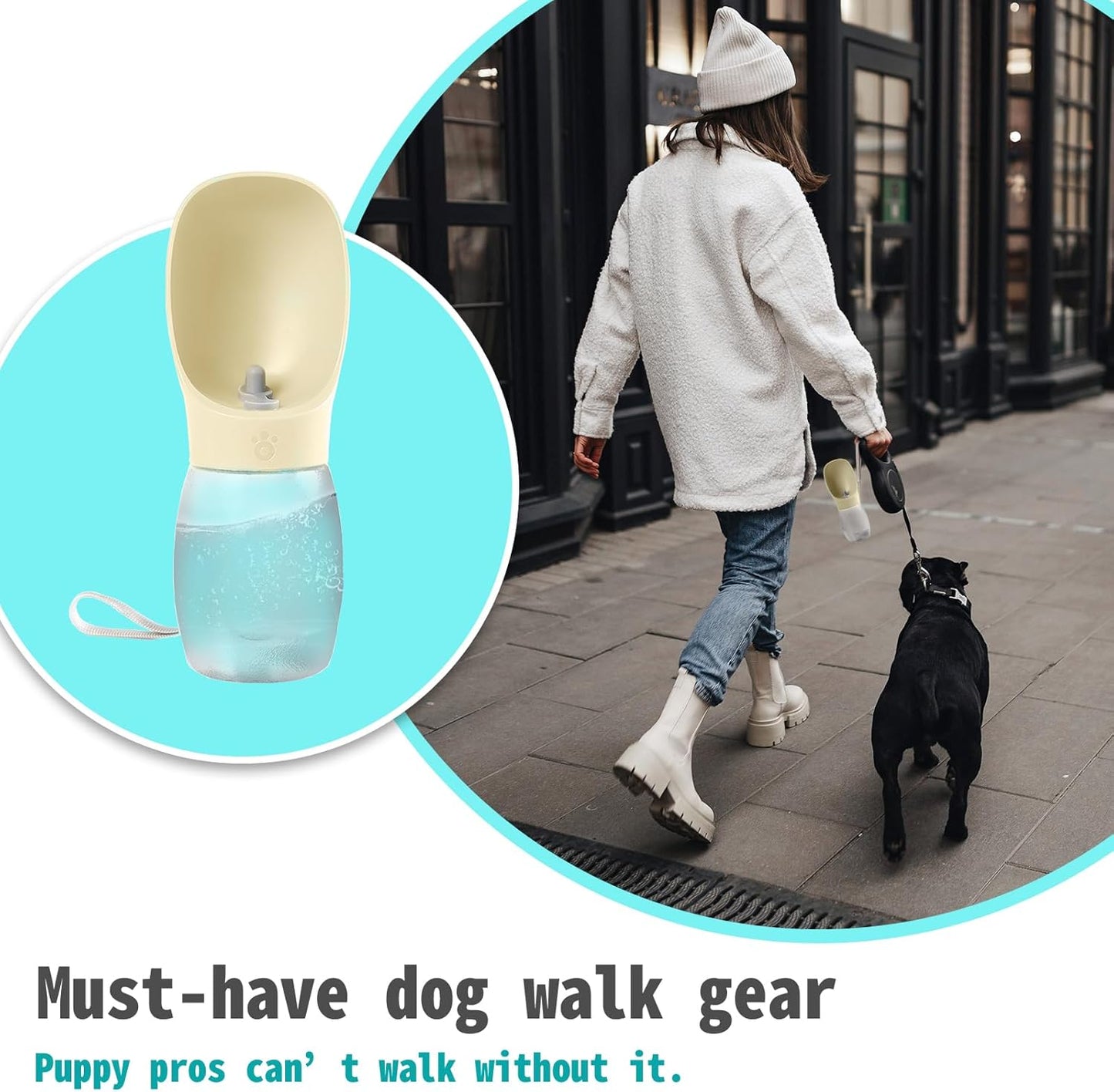 Dog Water Bottle, 12oz Leak Proof Portable Puppy Water Dispenser with Drinking Feeder for Pets Outdoor Walking, Hiking, Travel, BPA Free Food Grade Plastic (Cream Yellow, 12oz)