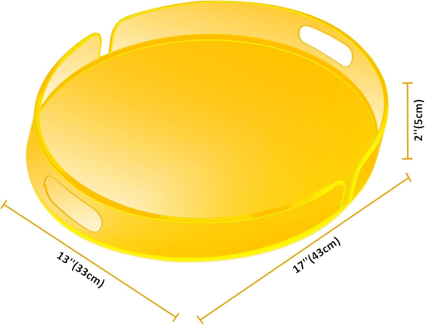 Acrylic Serving Tray with Handles Large Decorative Ottoman Tray 17x13'' Round for Bathroom Food Coffee Fruit Snack Tea Dinner Living Room, Neon Yellow