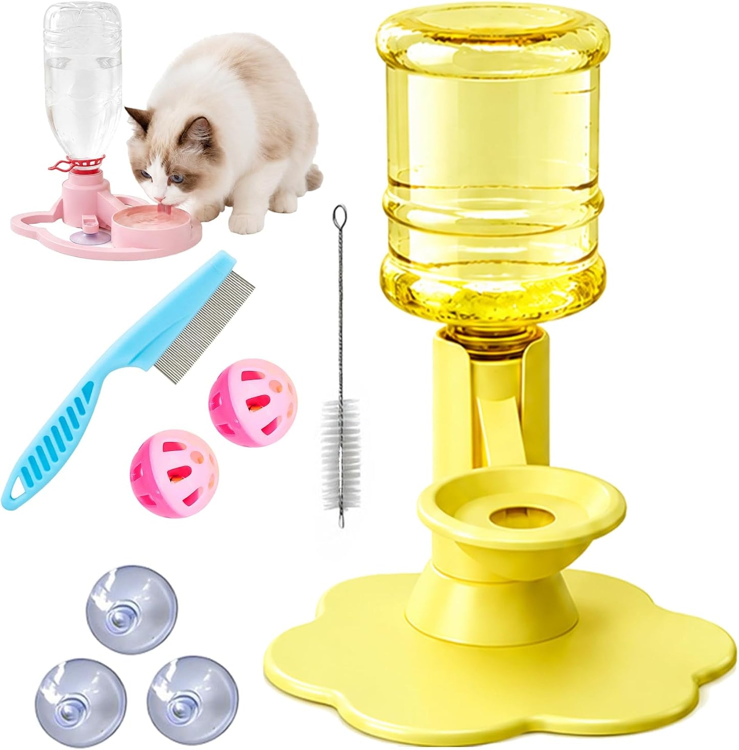 Gravity Cat Water Dispenser Stand, Automatic Water Bowl with 3 Suction Cups, 28/30mm Bottle Adapter, No Electricity Pet Waterer for Cats and Small Dogs, for Indoor Areas (B-Yellow)
