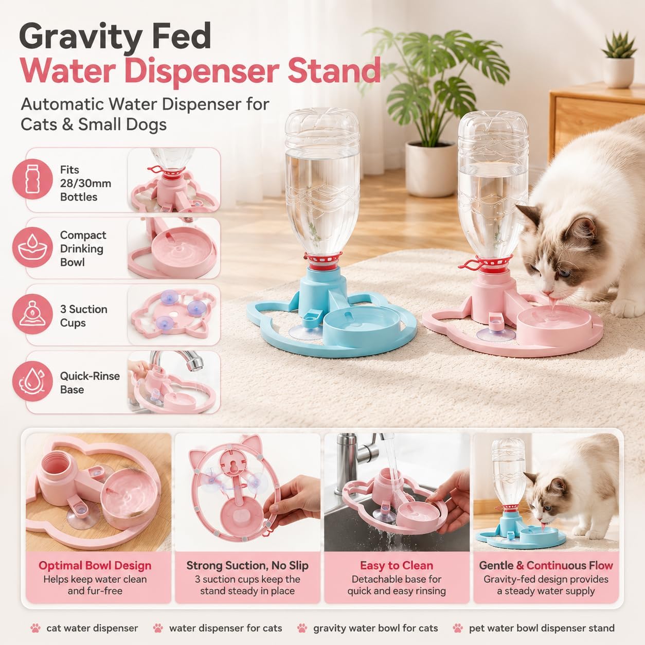 Gravity Cat Water Dispenser Stand, Automatic Water Bowl with 3 Suction Cups, 28/30mm Bottle Adapter, No Electricity Pet Waterer for Cats and Small Dogs, for Indoor Areas (B-Yellow)