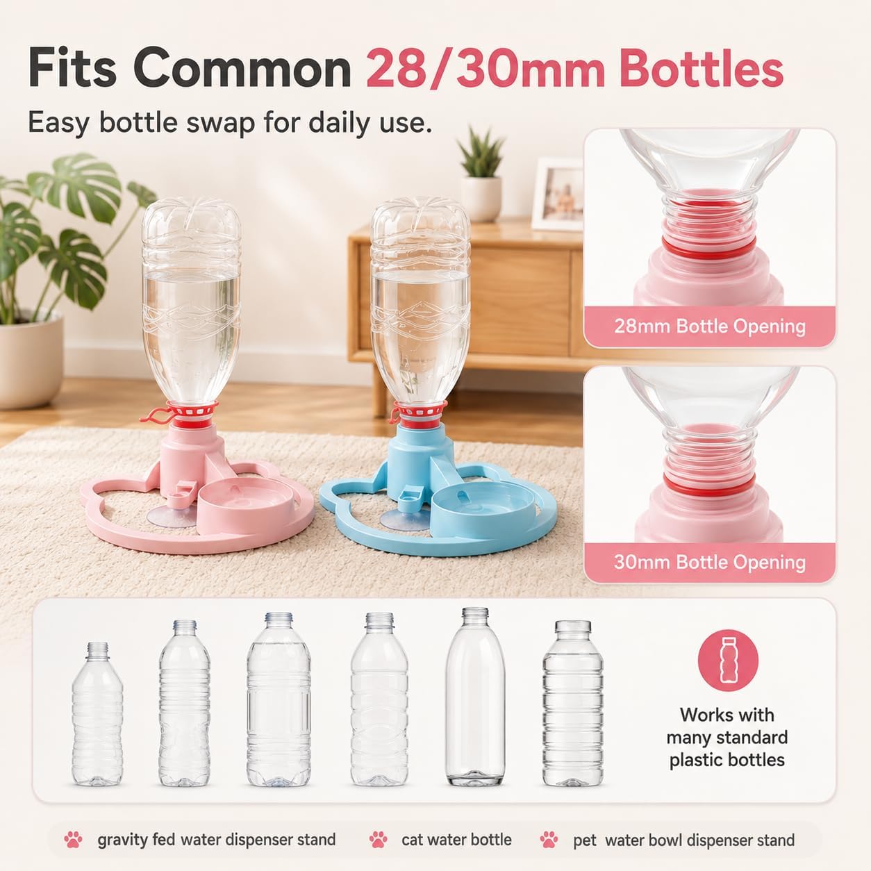 Gravity Cat Water Dispenser Stand, Automatic Water Bowl with 3 Suction Cups, 28/30mm Bottle Adapter, No Electricity Pet Waterer for Cats and Small Dogs, for Indoor Areas (B-Yellow)