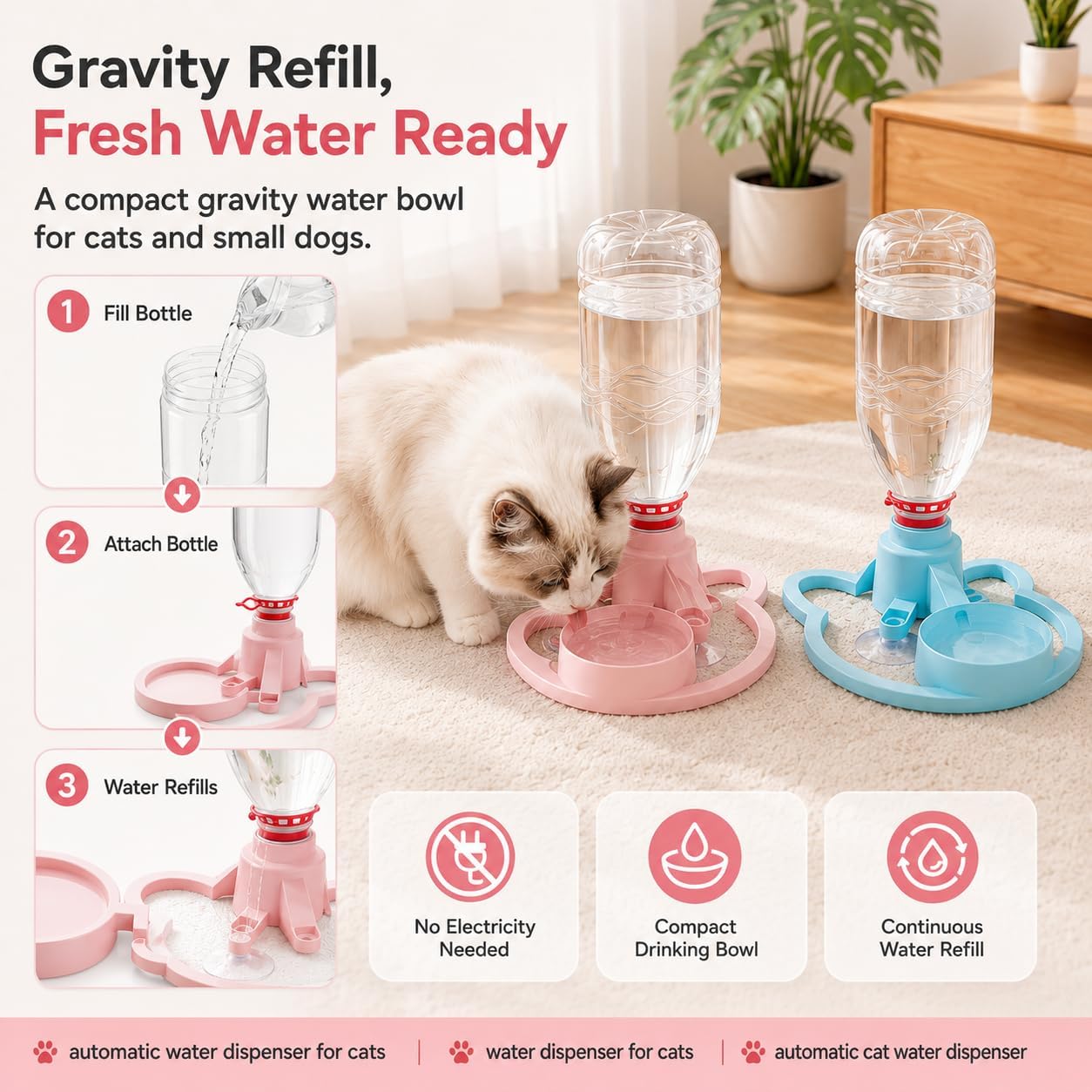 Gravity Cat Water Dispenser Stand, Automatic Water Bowl with 3 Suction Cups, 28/30mm Bottle Adapter, No Electricity Pet Waterer for Cats and Small Dogs, for Indoor Areas (B-Yellow)