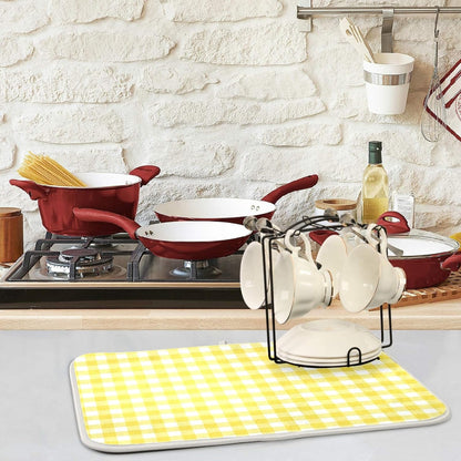 Simple Yellow Gingham Pattern 16 x 18 Inches Absorbent Dish Drying Mat Microfiber Kitchen Countertop Table Protector Multi-Purpose Counter Rack Sink Drainer Pad