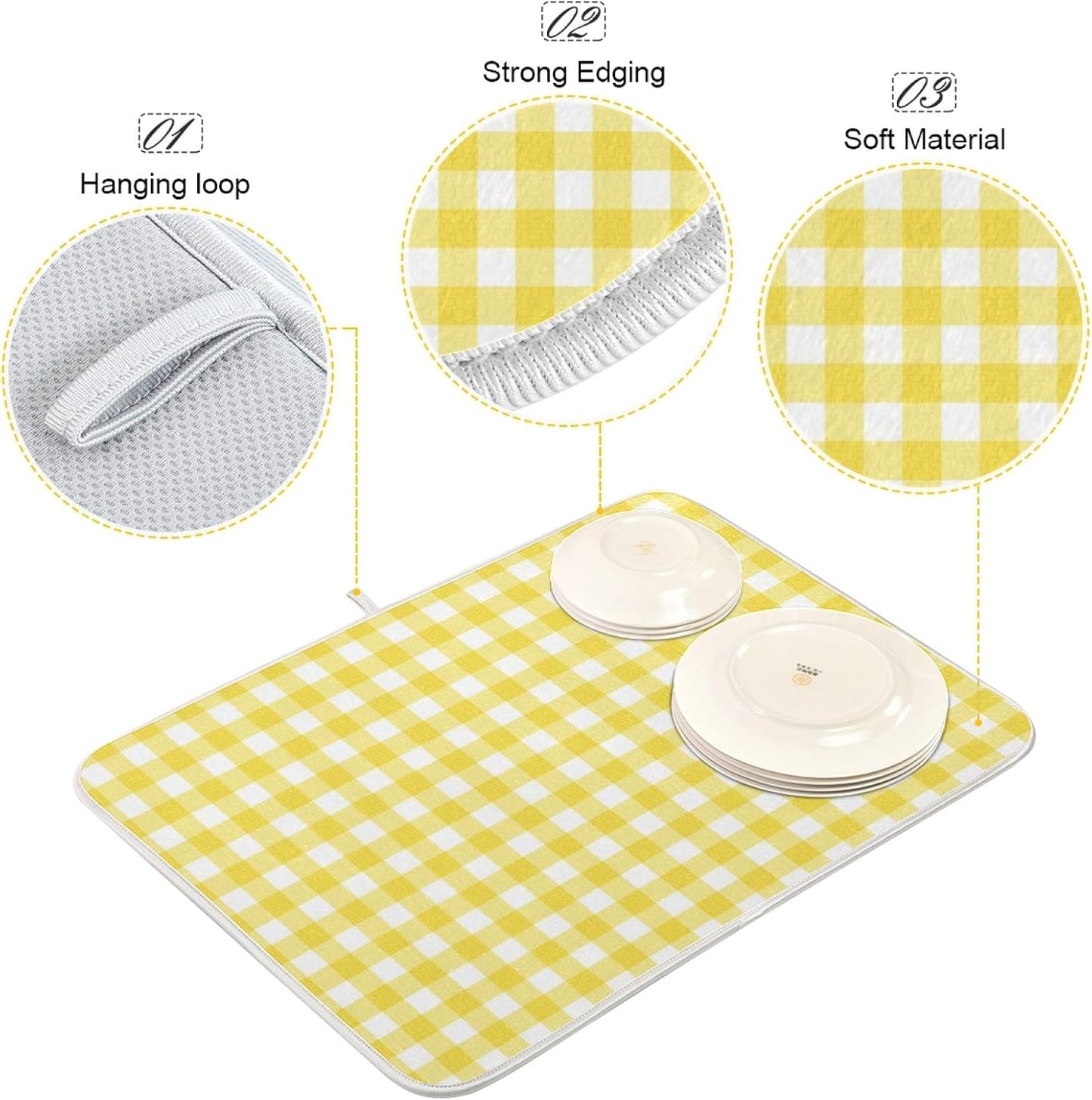 Simple Yellow Gingham Pattern 16 x 18 Inches Absorbent Dish Drying Mat Microfiber Kitchen Countertop Table Protector Multi-Purpose Counter Rack Sink Drainer Pad