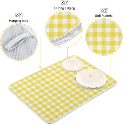 Simple Yellow Gingham Pattern 16 x 18 Inches Absorbent Dish Drying Mat Microfiber Kitchen Countertop Table Protector Multi-Purpose Counter Rack Sink Drainer Pad