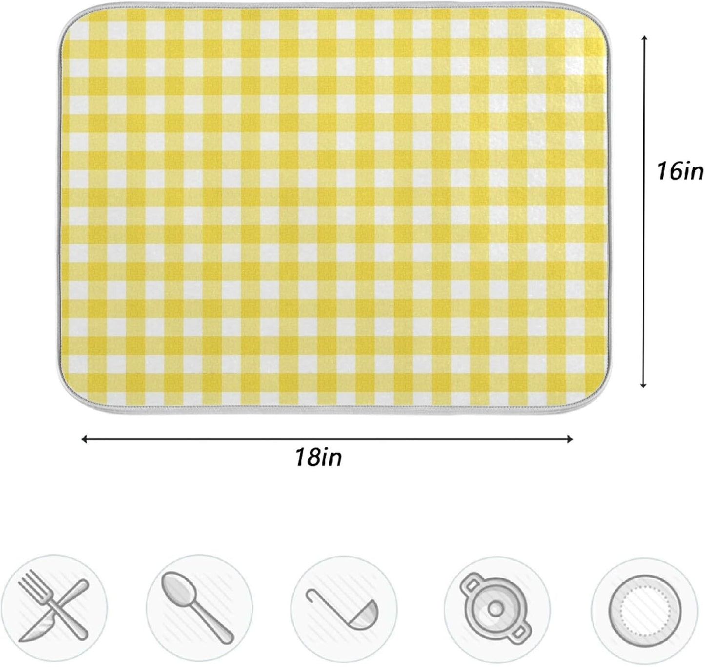 Simple Yellow Gingham Pattern 16 x 18 Inches Absorbent Dish Drying Mat Microfiber Kitchen Countertop Table Protector Multi-Purpose Counter Rack Sink Drainer Pad