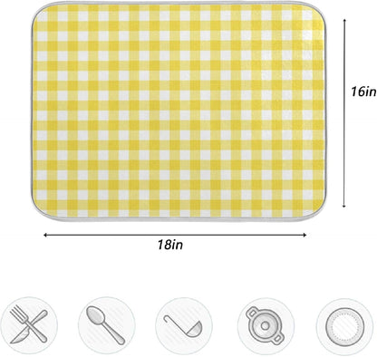 Simple Yellow Gingham Pattern 16 x 18 Inches Absorbent Dish Drying Mat Microfiber Kitchen Countertop Table Protector Multi-Purpose Counter Rack Sink Drainer Pad