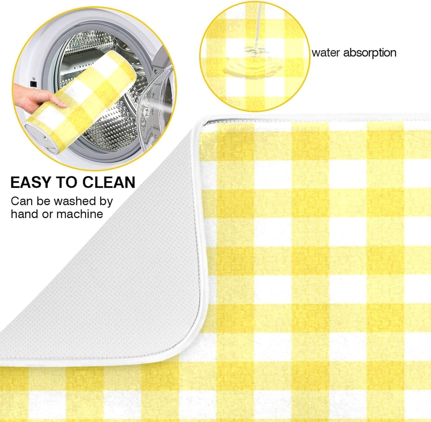 Simple Yellow Gingham Pattern 16 x 18 Inches Absorbent Dish Drying Mat Microfiber Kitchen Countertop Table Protector Multi-Purpose Counter Rack Sink Drainer Pad