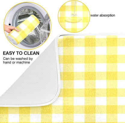 Simple Yellow Gingham Pattern 16 x 18 Inches Absorbent Dish Drying Mat Microfiber Kitchen Countertop Table Protector Multi-Purpose Counter Rack Sink Drainer Pad