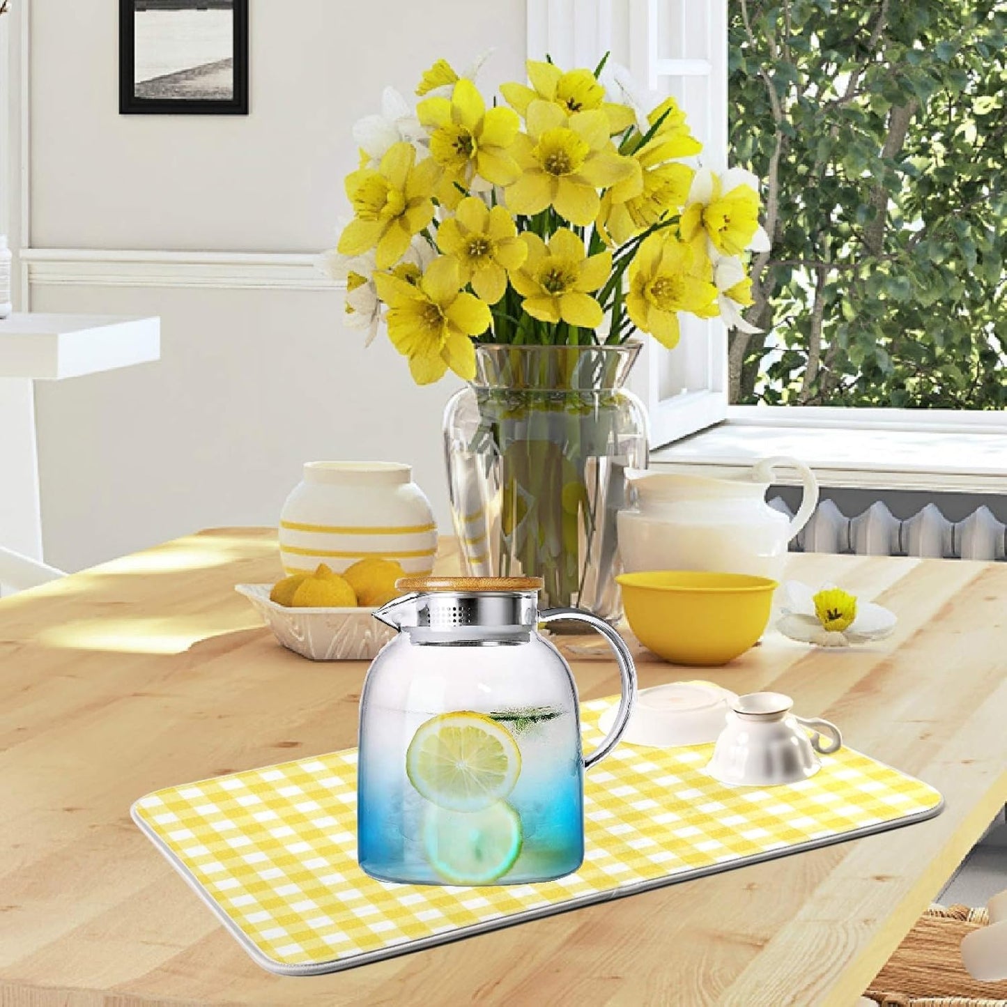 Simple Yellow Gingham Pattern 16 x 18 Inches Absorbent Dish Drying Mat Microfiber Kitchen Countertop Table Protector Multi-Purpose Counter Rack Sink Drainer Pad