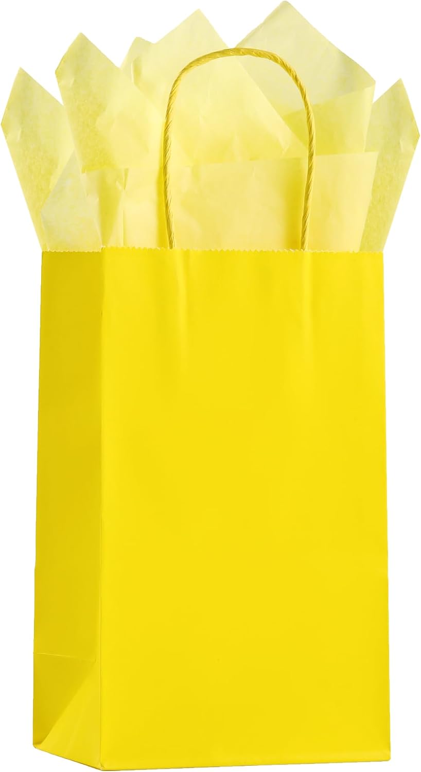 Yellow Paper Bags with Tissue Paper 10 Pack Small Gift Bags | 5x3.1x8.2, Kraft Paper Bags, Tissue Paper, Reinforced Handle, Strong Load-bearing, Birthday, Party, Wedding, Christmas