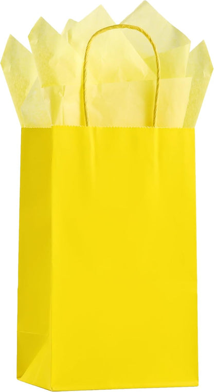 Yellow Paper Bags with Tissue Paper 10 Pack Small Gift Bags | 5x3.1x8.2, Kraft Paper Bags, Tissue Paper, Reinforced Handle, Strong Load-bearing, Birthday, Party, Wedding, Christmas