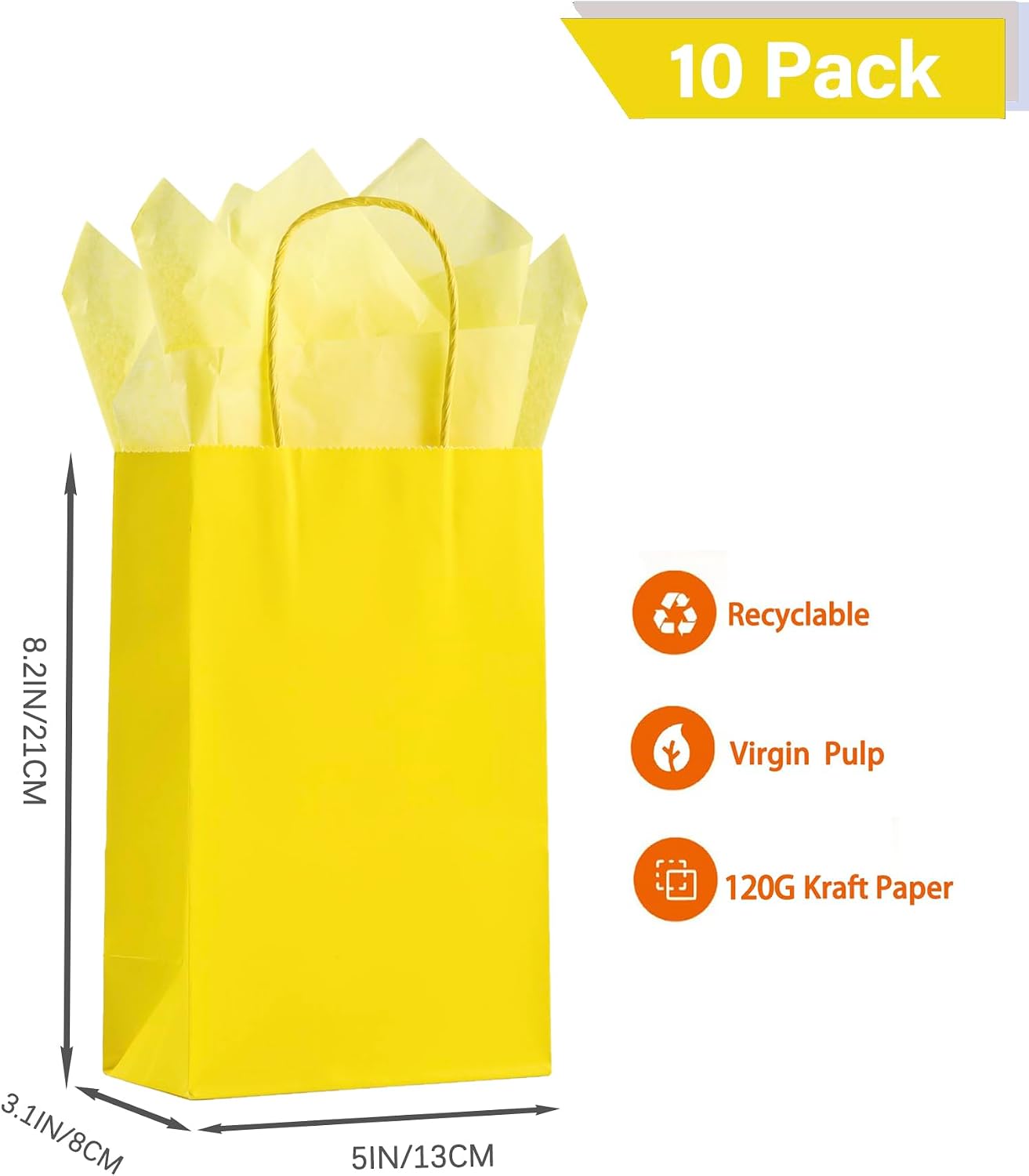 Yellow Paper Bags with Tissue Paper 10 Pack Small Gift Bags | 5x3.1x8.2, Kraft Paper Bags, Tissue Paper, Reinforced Handle, Strong Load-bearing, Birthday, Party, Wedding, Christmas