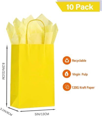 Yellow Paper Bags with Tissue Paper 10 Pack Small Gift Bags | 5x3.1x8.2, Kraft Paper Bags, Tissue Paper, Reinforced Handle, Strong Load-bearing, Birthday, Party, Wedding, Christmas