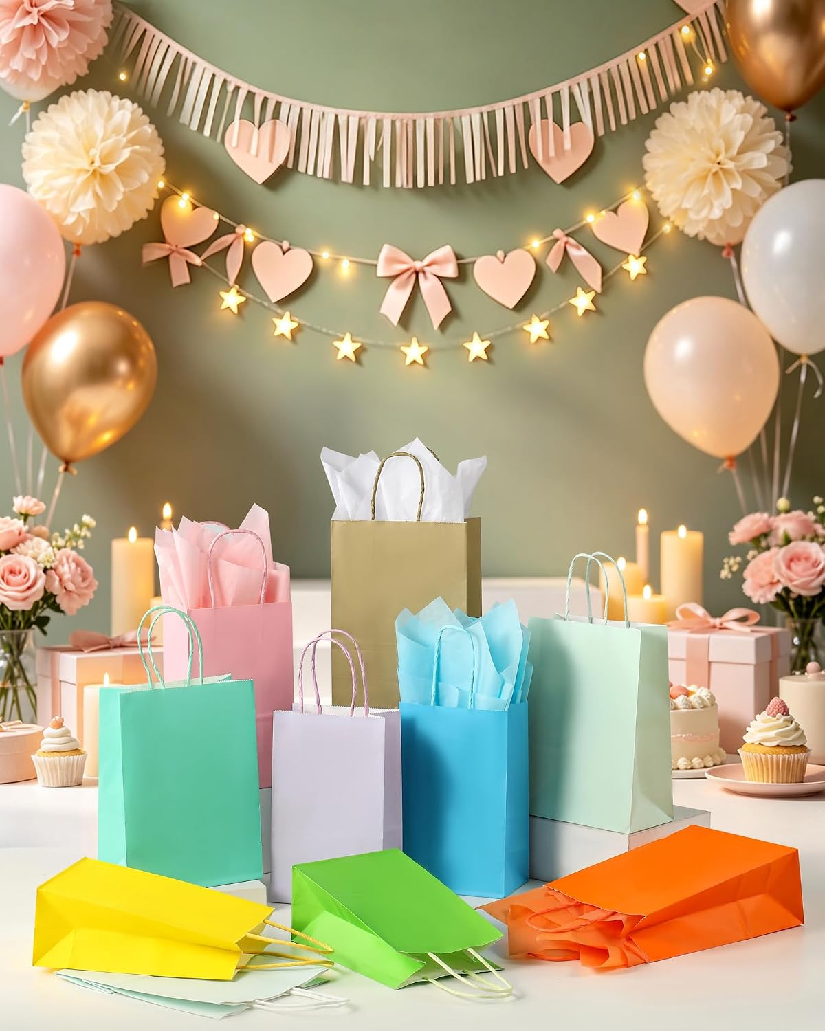 Yellow Paper Bags with Tissue Paper 10 Pack Small Gift Bags | 5x3.1x8.2, Kraft Paper Bags, Tissue Paper, Reinforced Handle, Strong Load-bearing, Birthday, Party, Wedding, Christmas