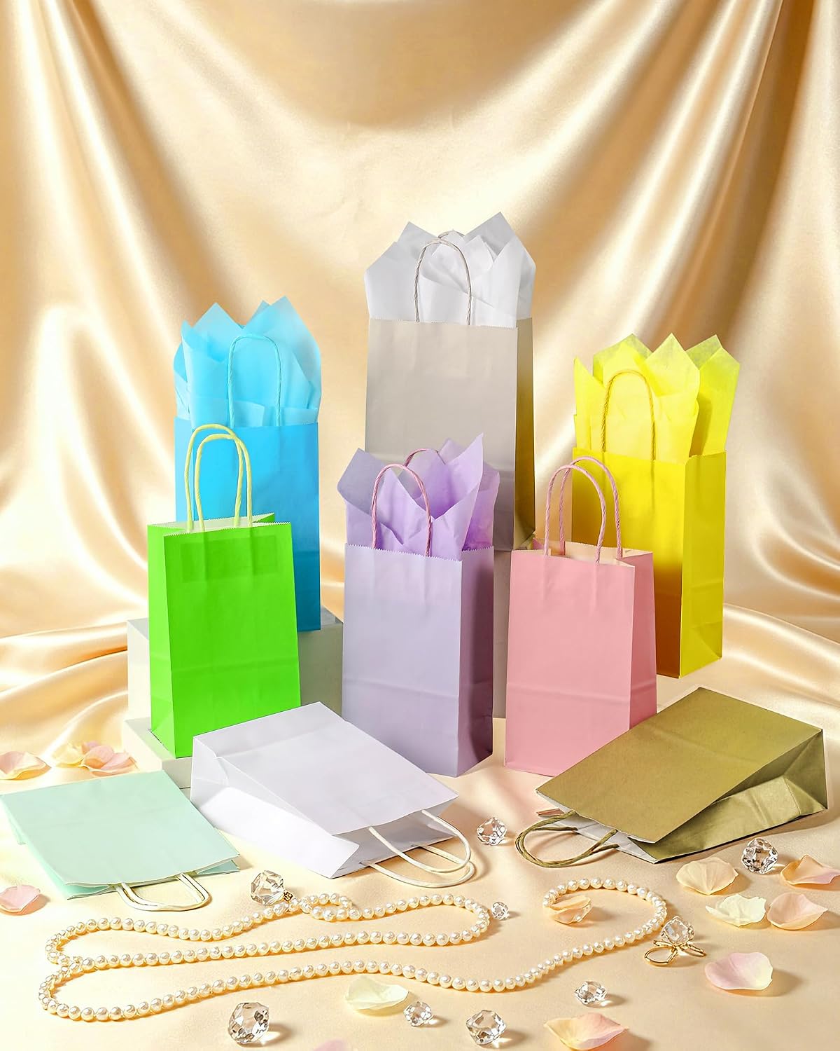 Yellow Paper Bags with Tissue Paper 10 Pack Small Gift Bags | 5x3.1x8.2, Kraft Paper Bags, Tissue Paper, Reinforced Handle, Strong Load-bearing, Birthday, Party, Wedding, Christmas