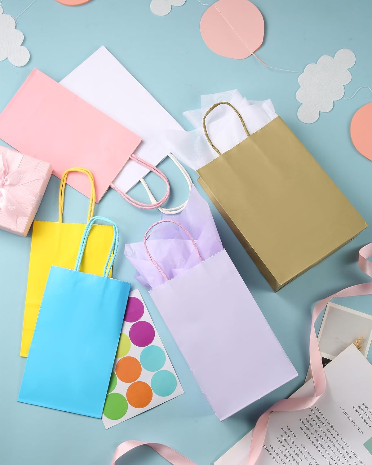 Yellow Paper Bags with Tissue Paper 10 Pack Small Gift Bags | 5x3.1x8.2, Kraft Paper Bags, Tissue Paper, Reinforced Handle, Strong Load-bearing, Birthday, Party, Wedding, Christmas