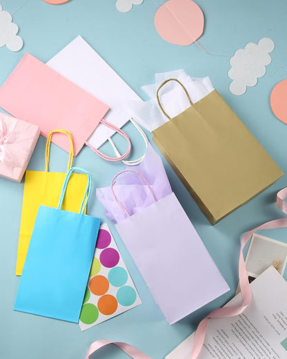 Yellow Paper Bags with Tissue Paper 10 Pack Small Gift Bags | 5x3.1x8.2, Kraft Paper Bags, Tissue Paper, Reinforced Handle, Strong Load-bearing, Birthday, Party, Wedding, Christmas
