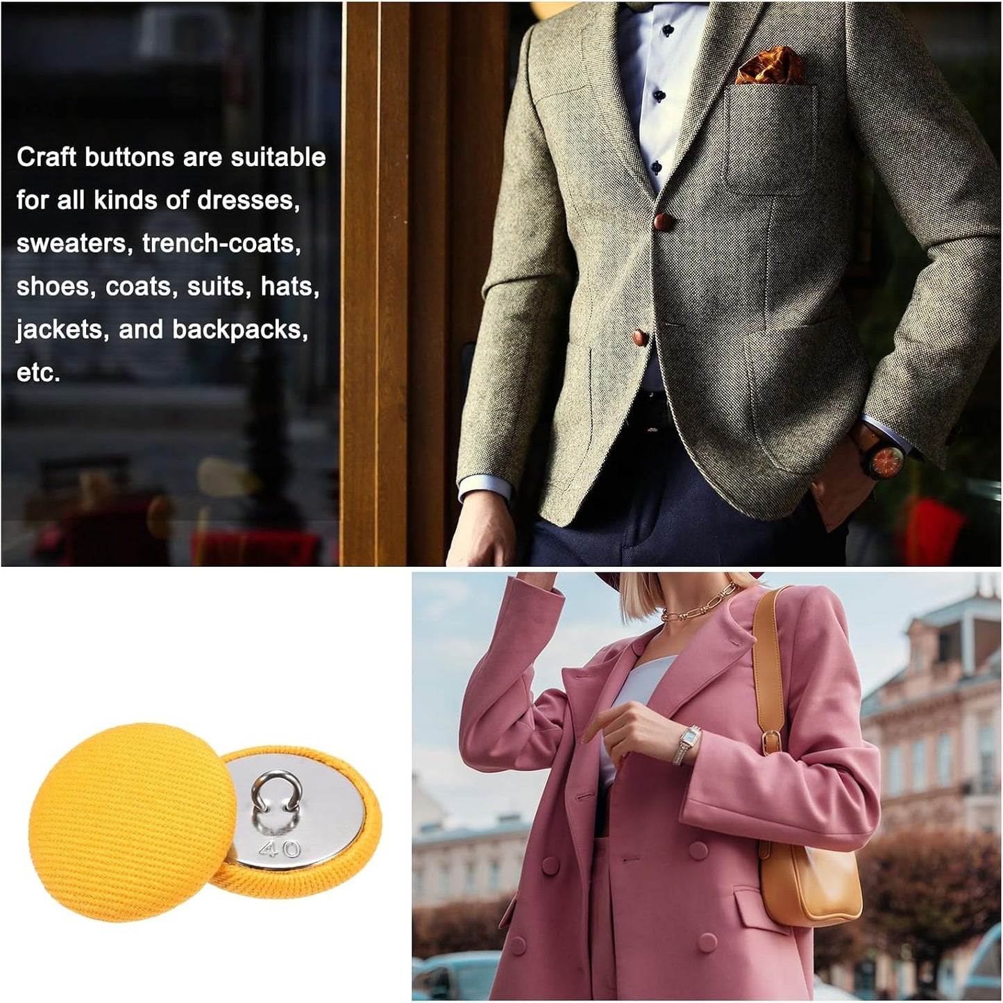 25mm Fabric Cloth Covered Button Metal Shank 30pcs, Yellow | 40L 1" Round Satin Sewing DIY Craft Buttons for Bridal Wedding Suits Dress Blouses Sweaters
