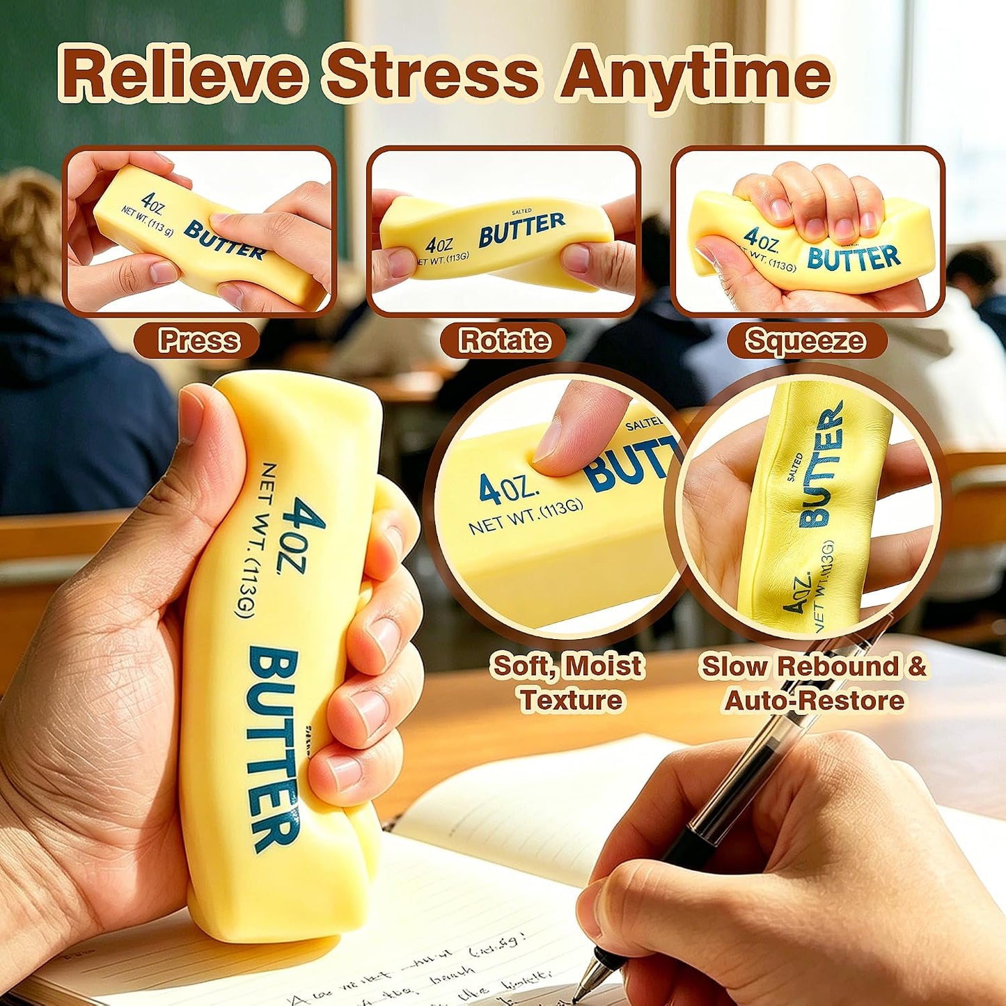 Butter Squishy, Slow Rising Butter Squeeze Toy, Cream Scented Butter Squeeze Toys, Stress Relief Toy for Relaxation, Soft & Safe PU Great for Home Office School(Yellow)
