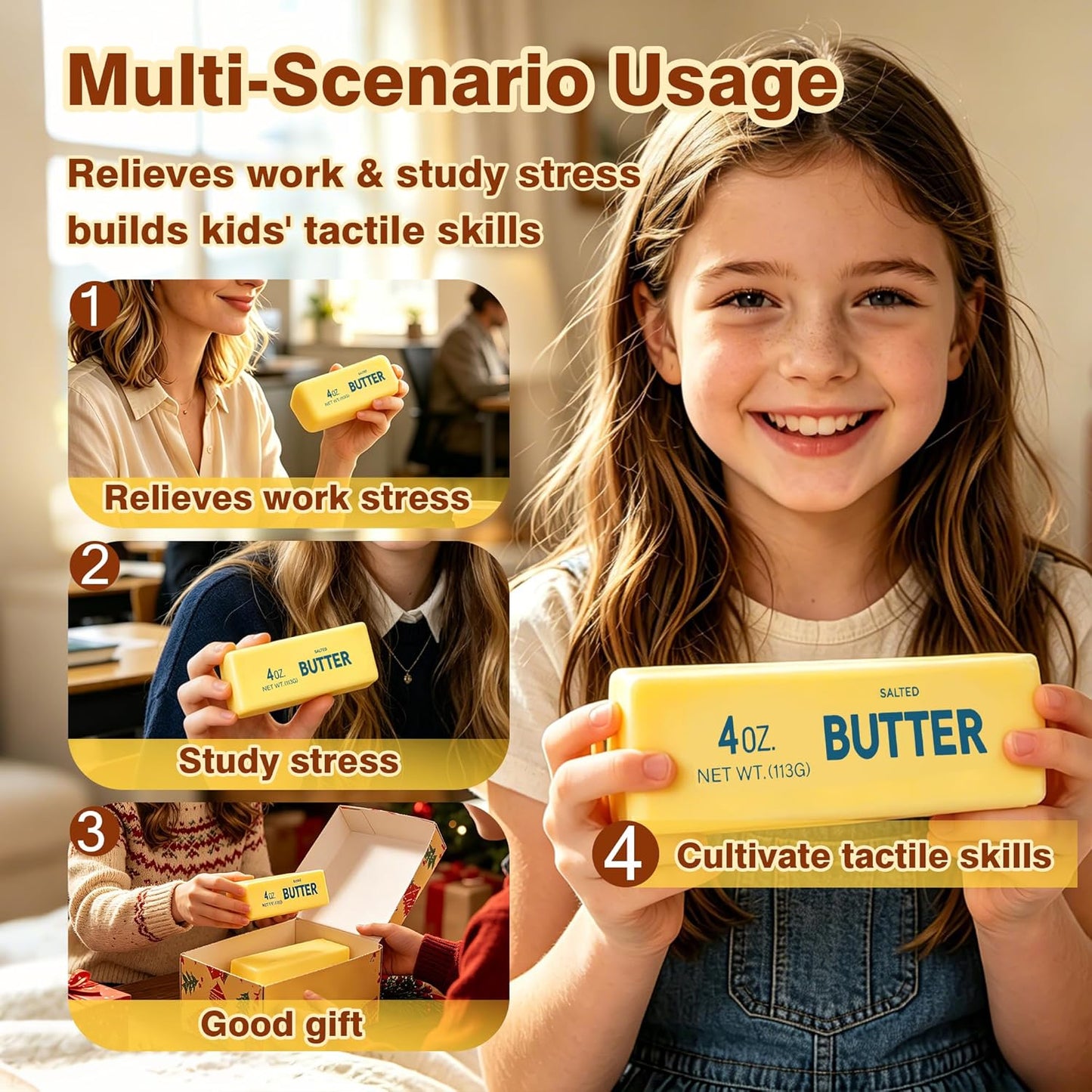 Butter Squishy, Slow Rising Butter Squeeze Toy, Cream Scented Butter Squeeze Toys, Stress Relief Toy for Relaxation, Soft & Safe PU Great for Home Office School(Yellow)