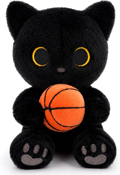 Black Cat Plush - 9" Stuffed Animal Holding Basketball Toy | Soft Cuddly Cat with Gray Heart Paw Pad Embroidery, Basketball Fans Gifts for Boys Girls,Sport Lover Decor