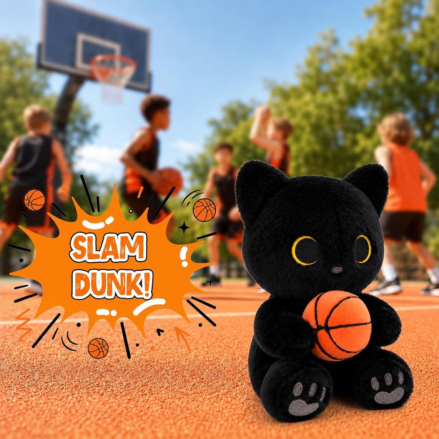 Black Cat Plush - 9" Stuffed Animal Holding Basketball Toy | Soft Cuddly Cat with Gray Heart Paw Pad Embroidery, Basketball Fans Gifts for Boys Girls,Sport Lover Decor
