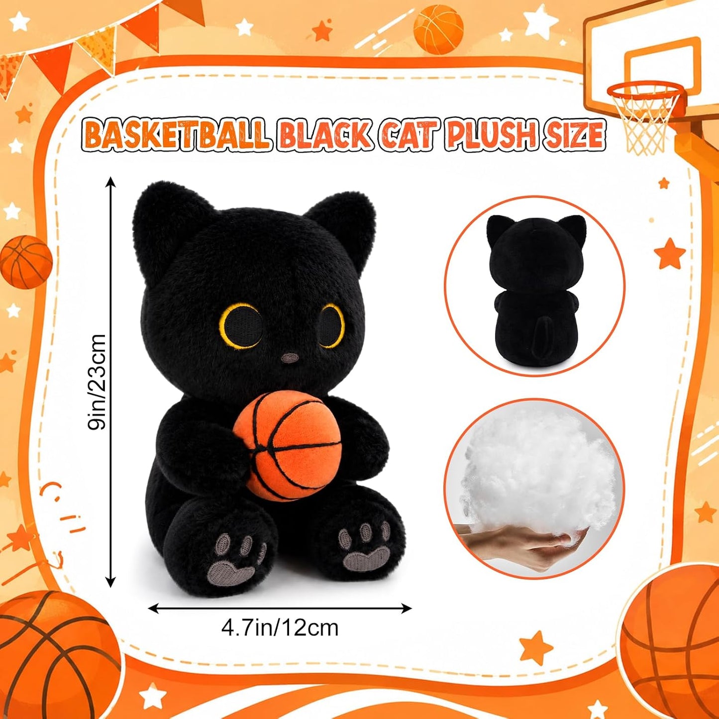 Black Cat Plush - 9" Stuffed Animal Holding Basketball Toy | Soft Cuddly Cat with Gray Heart Paw Pad Embroidery, Basketball Fans Gifts for Boys Girls,Sport Lover Decor