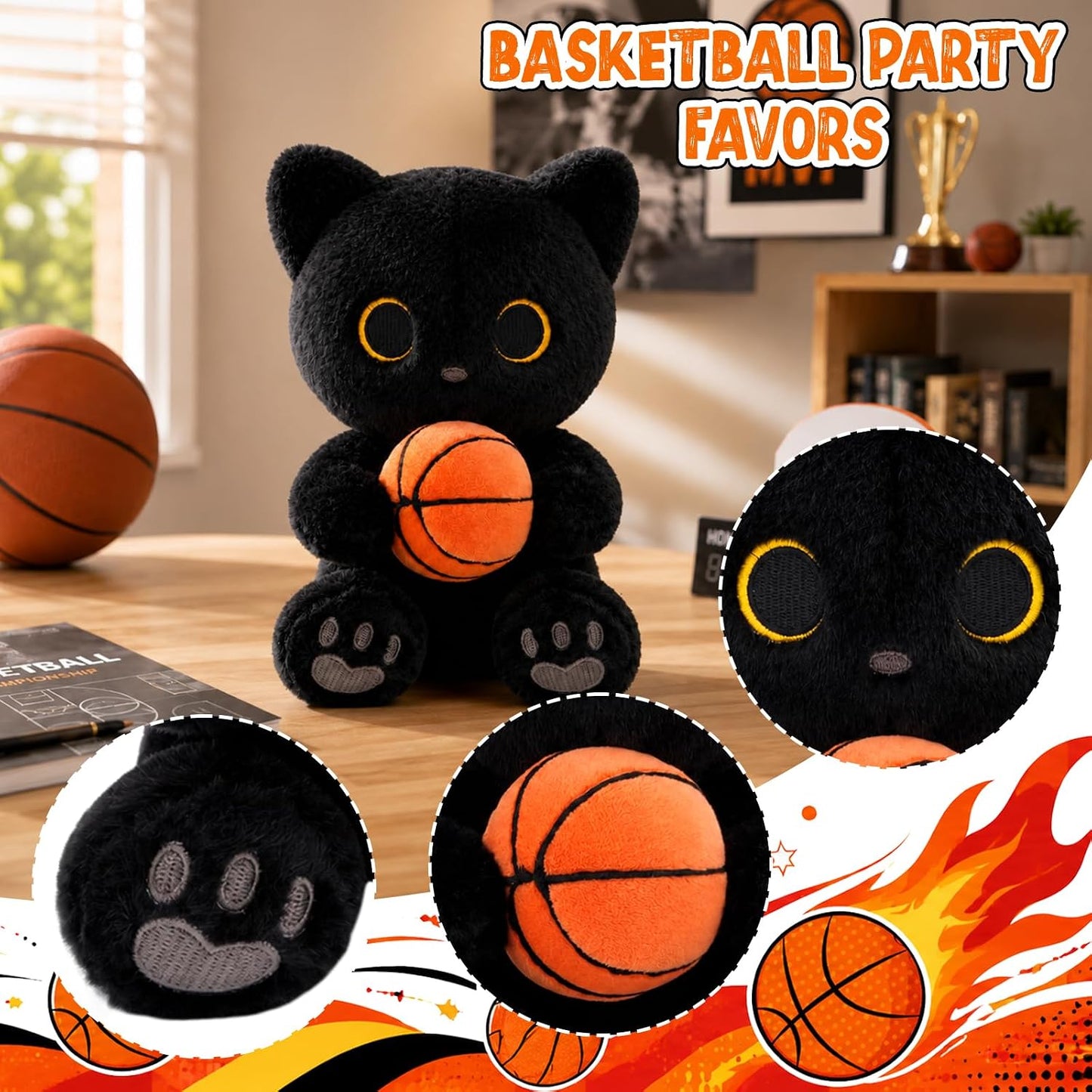 Black Cat Plush - 9" Stuffed Animal Holding Basketball Toy | Soft Cuddly Cat with Gray Heart Paw Pad Embroidery, Basketball Fans Gifts for Boys Girls,Sport Lover Decor