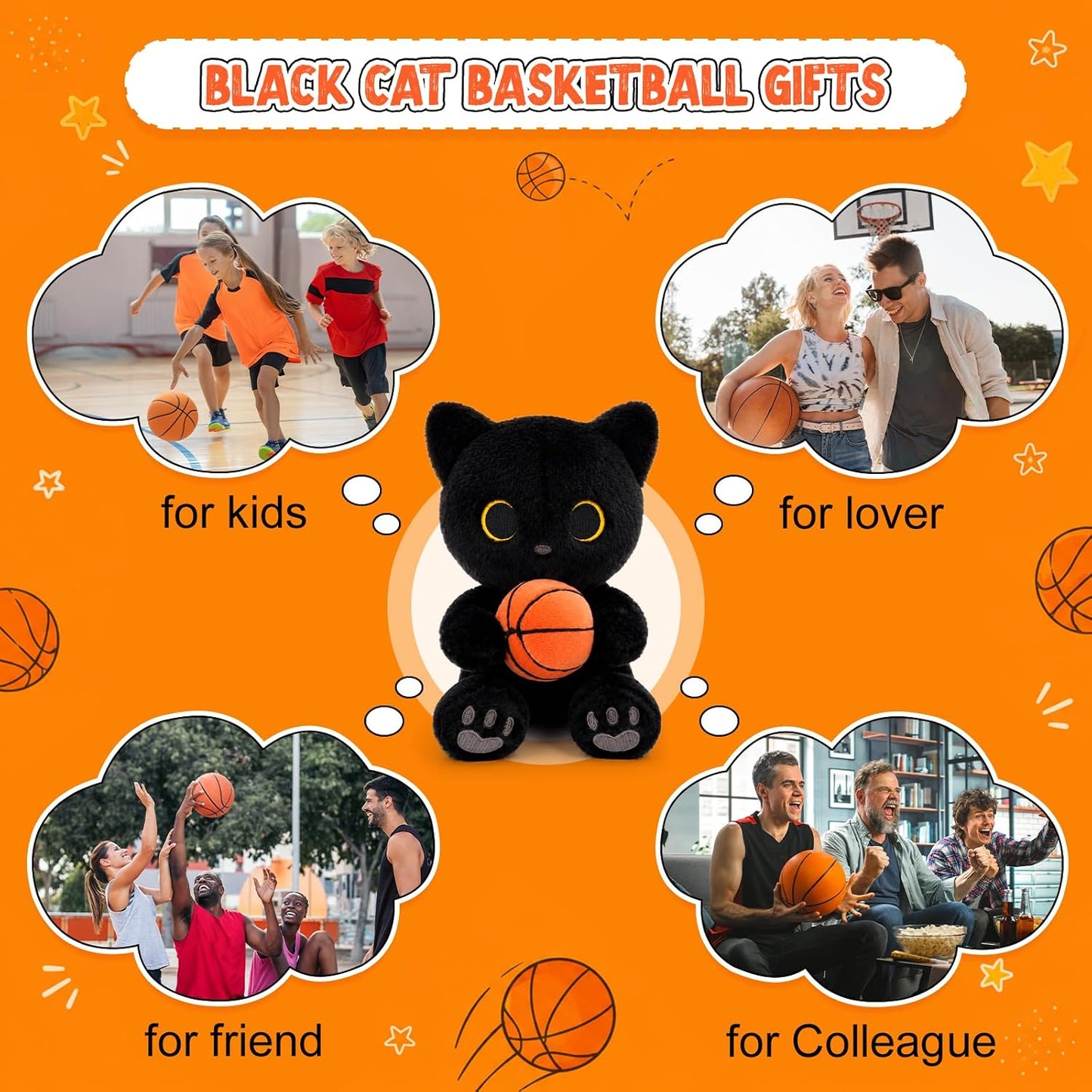 Black Cat Plush - 9" Stuffed Animal Holding Basketball Toy | Soft Cuddly Cat with Gray Heart Paw Pad Embroidery, Basketball Fans Gifts for Boys Girls,Sport Lover Decor