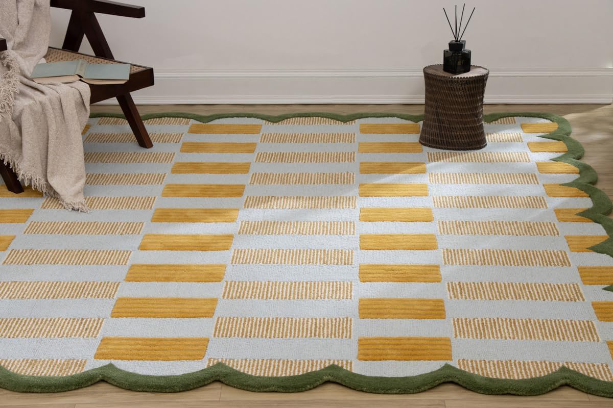 Checkered Hand-Tufted 100% Wool Area Rug - 5x5 Ft, Round Light Blue Base with Mustard and Beige Blocks, Olive Green Scalloped Edge, Cotton Backing Plush Carpet for Bedroom & Nursery