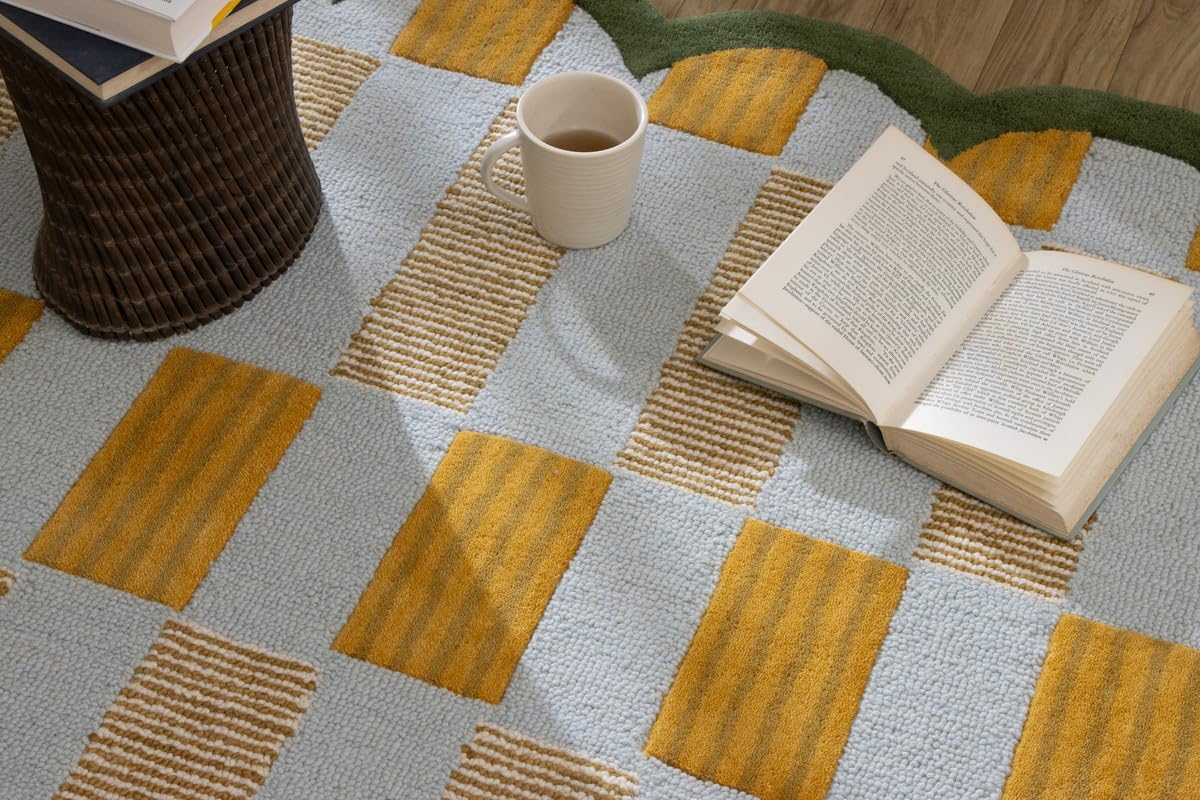 Checkered Hand-Tufted 100% Wool Area Rug - 5x5 Ft, Round Light Blue Base with Mustard and Beige Blocks, Olive Green Scalloped Edge, Cotton Backing Plush Carpet for Bedroom & Nursery