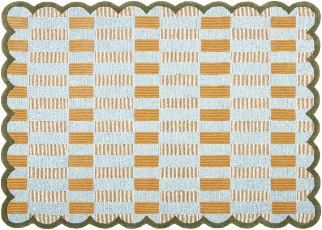 Checkered Hand-Tufted 100% Wool Area Rug - 5x5 Ft, Round Light Blue Base with Mustard and Beige Blocks, Olive Green Scalloped Edge, Cotton Backing Plush Carpet for Bedroom & Nursery
