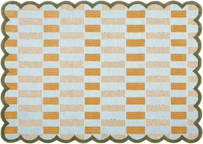 Checkered Hand-Tufted 100% Wool Area Rug - 5x5 Ft, Round Light Blue Base with Mustard and Beige Blocks, Olive Green Scalloped Edge, Cotton Backing Plush Carpet for Bedroom & Nursery