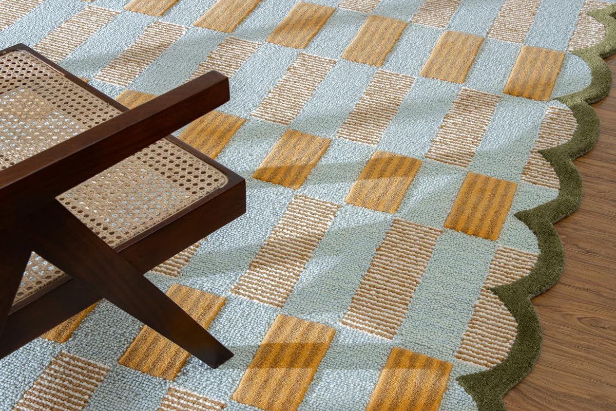 Checkered Hand-Tufted 100% Wool Area Rug - 5x5 Ft, Round Light Blue Base with Mustard and Beige Blocks, Olive Green Scalloped Edge, Cotton Backing Plush Carpet for Bedroom & Nursery