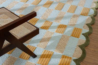 Checkered Hand-Tufted 100% Wool Area Rug - 5x5 Ft, Round Light Blue Base with Mustard and Beige Blocks, Olive Green Scalloped Edge, Cotton Backing Plush Carpet for Bedroom & Nursery
