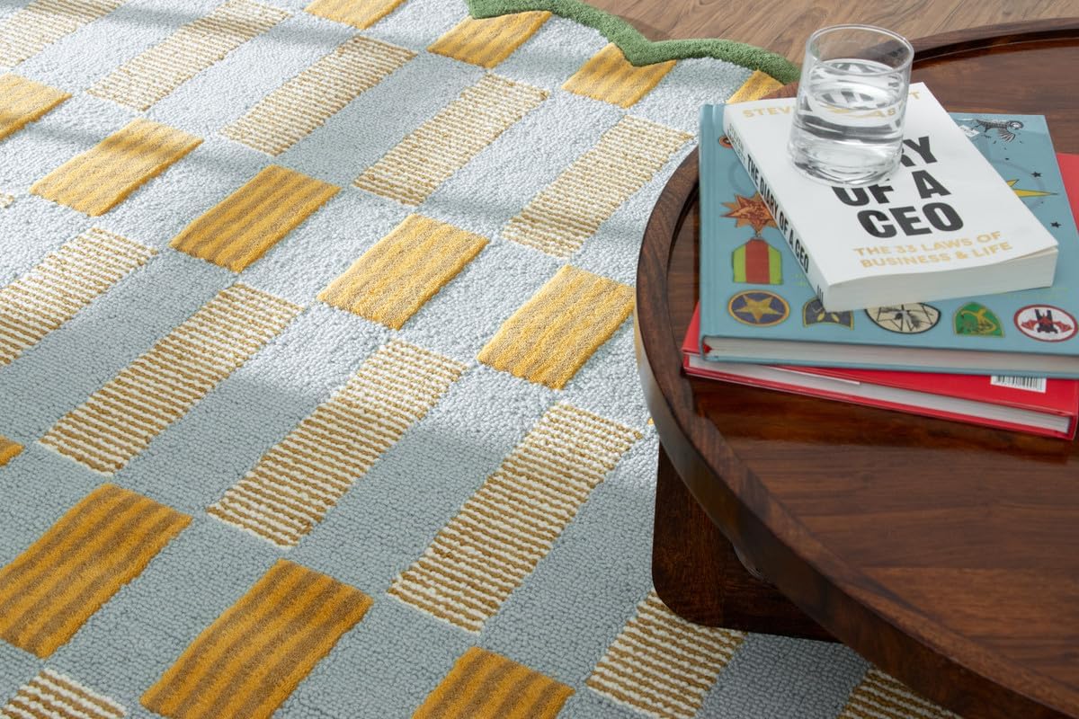 Checkered Hand-Tufted 100% Wool Area Rug - 5x5 Ft, Round Light Blue Base with Mustard and Beige Blocks, Olive Green Scalloped Edge, Cotton Backing Plush Carpet for Bedroom & Nursery