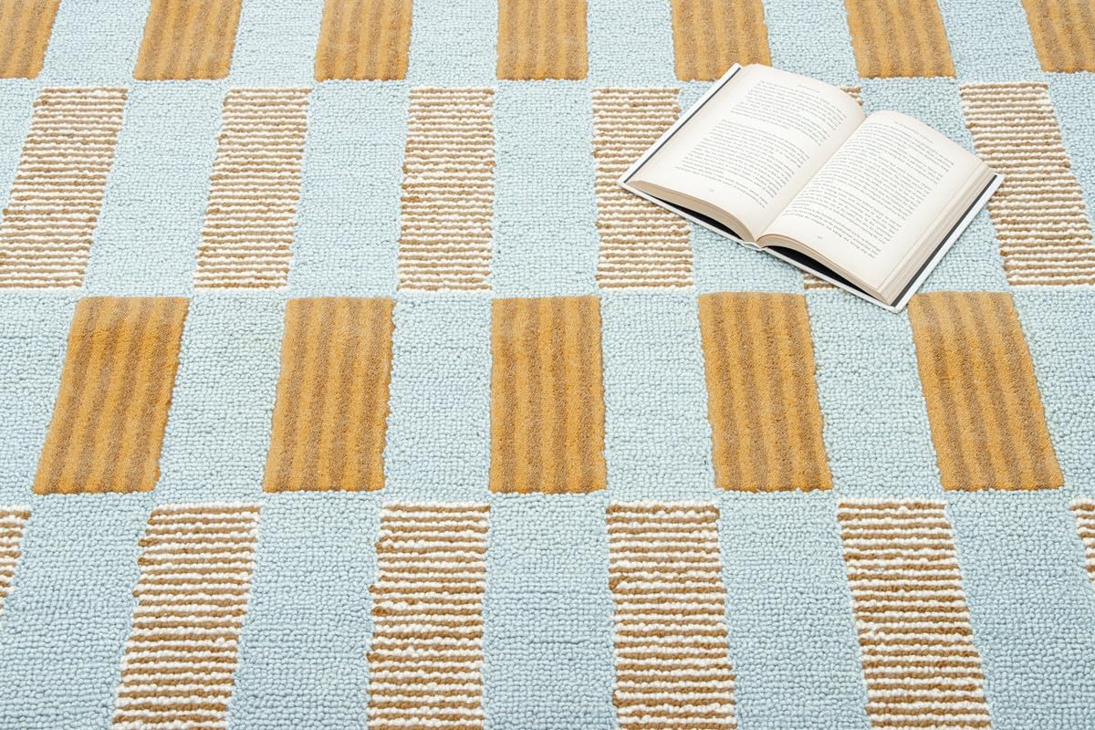 Checkered Hand-Tufted 100% Wool Area Rug - 5x5 Ft, Round Light Blue Base with Mustard and Beige Blocks, Olive Green Scalloped Edge, Cotton Backing Plush Carpet for Bedroom & Nursery