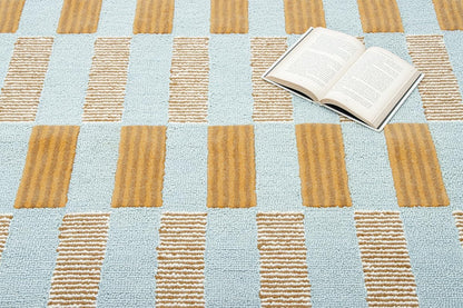Checkered Hand-Tufted 100% Wool Area Rug - 5x5 Ft, Round Light Blue Base with Mustard and Beige Blocks, Olive Green Scalloped Edge, Cotton Backing Plush Carpet for Bedroom & Nursery