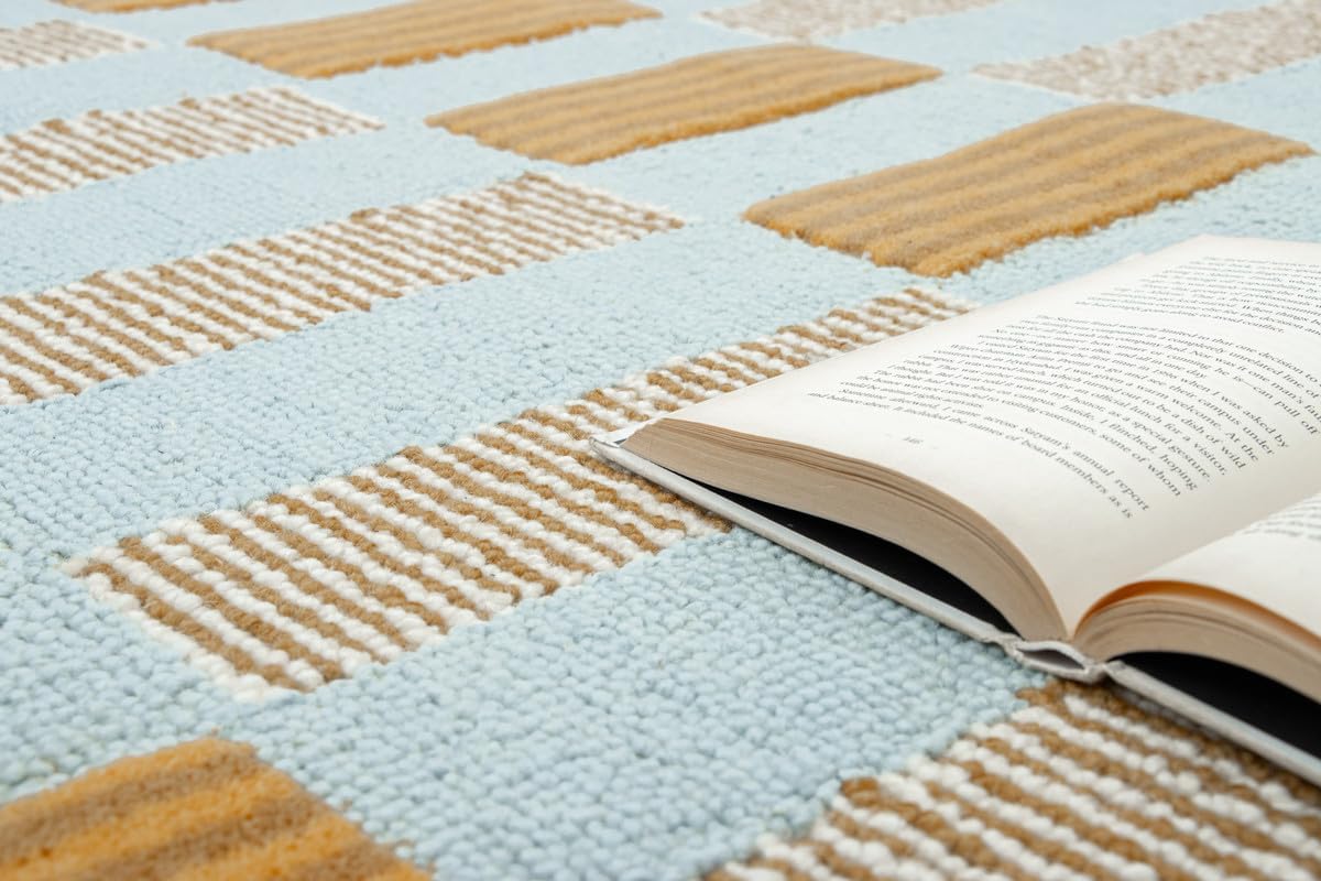 Checkered Hand-Tufted 100% Wool Area Rug - 5x5 Ft, Round Light Blue Base with Mustard and Beige Blocks, Olive Green Scalloped Edge, Cotton Backing Plush Carpet for Bedroom & Nursery