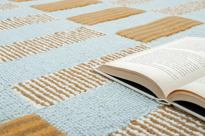 Checkered Hand-Tufted 100% Wool Area Rug - 5x5 Ft, Round Light Blue Base with Mustard and Beige Blocks, Olive Green Scalloped Edge, Cotton Backing Plush Carpet for Bedroom & Nursery