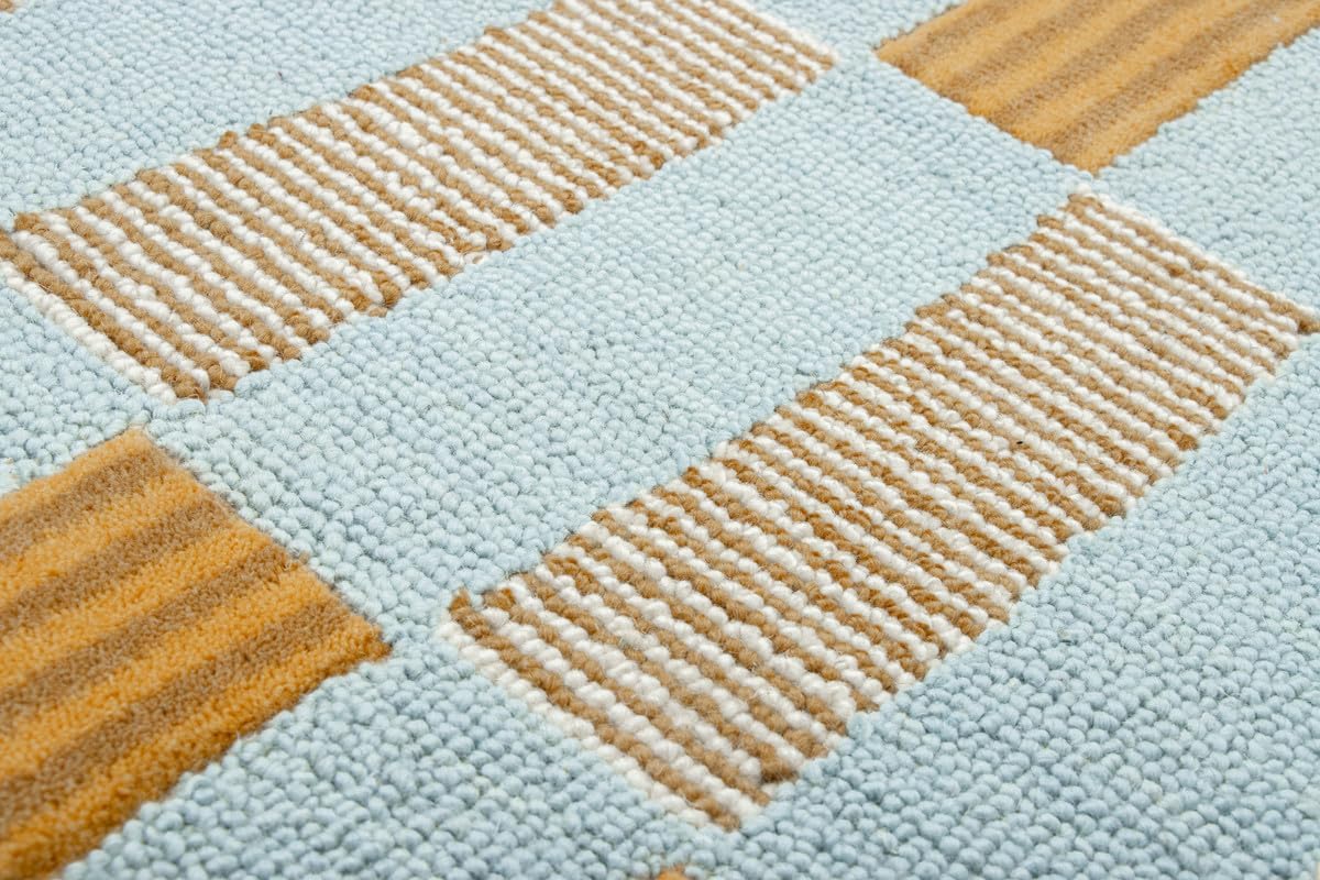 Checkered Hand-Tufted 100% Wool Area Rug - 5x5 Ft, Round Light Blue Base with Mustard and Beige Blocks, Olive Green Scalloped Edge, Cotton Backing Plush Carpet for Bedroom & Nursery