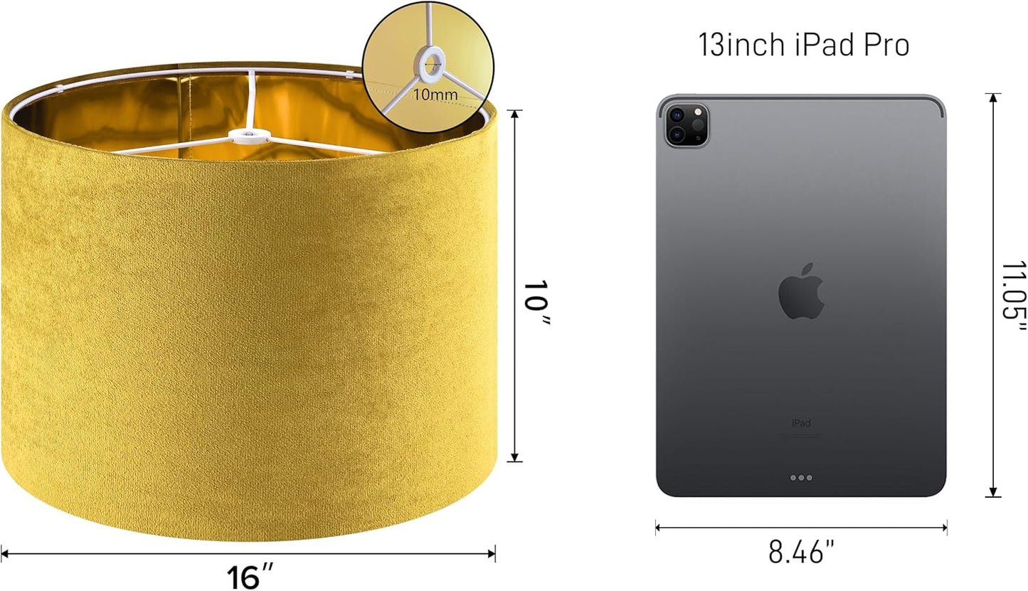 Set of 1 Large Drum Yellow Velvet Lamp Shade -16" Top x 16" Bottom x 10" High(Spider) Modern Lamp Shades For Table Lamps & Bedside Lamp Replacement Lampshade, Hand Crafted, Required Assembly