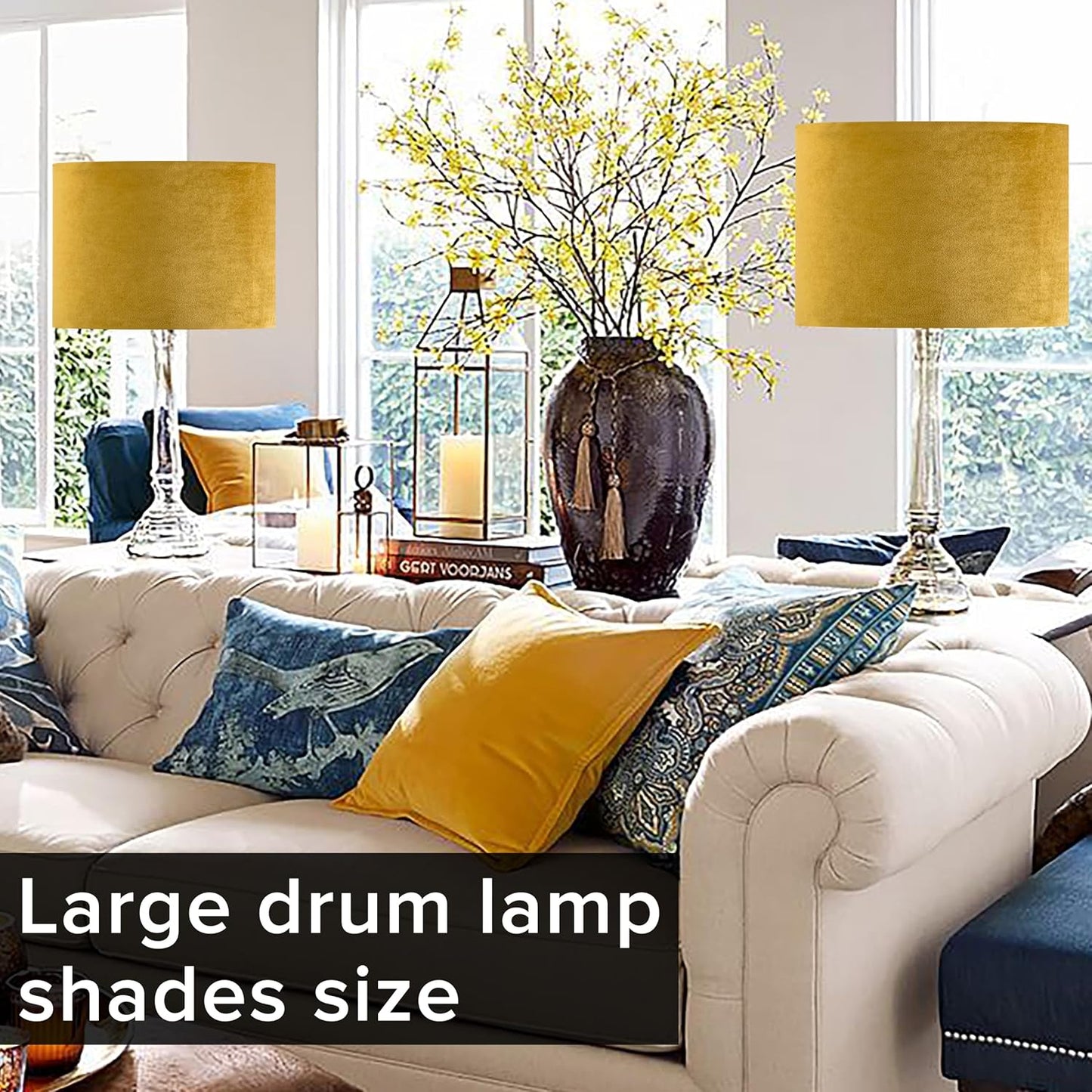Set of 1 Large Drum Yellow Velvet Lamp Shade -16" Top x 16" Bottom x 10" High(Spider) Modern Lamp Shades For Table Lamps & Bedside Lamp Replacement Lampshade, Hand Crafted, Required Assembly