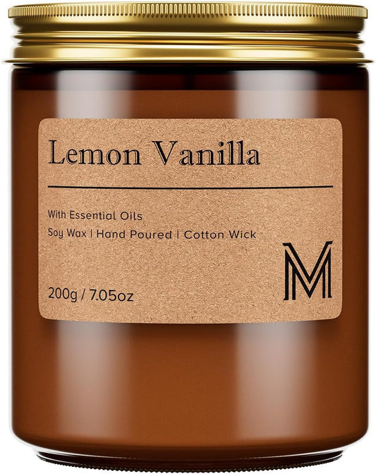 Lemon Vanilla Scented Small Candle, 7.5Oz Aromatherapy Candle for Home Fragrance, Soy Wax Candles Gift for Birthday, Housewarming, Amber Jar Candle for Stress Relief, Meditation, Yoga
