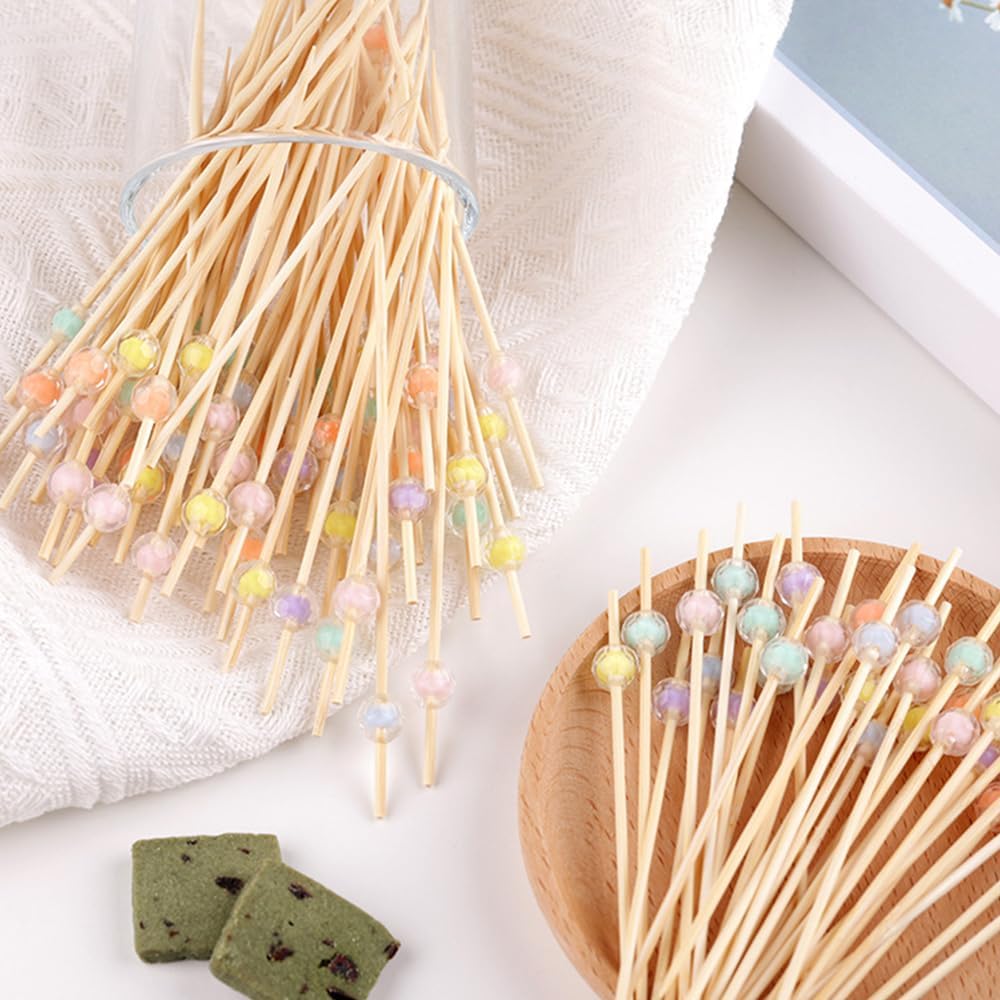 Cute Beads Disposable Bamboo Skewers Appetizer, Cocktail of Fruit Sticks Sandwich Dessert Long Toothpicks for Birthday Party Food Decoration Cocktail Picks Drinks Decoration (yellow)
