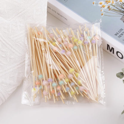 Cute Beads Disposable Bamboo Skewers Appetizer, Cocktail of Fruit Sticks Sandwich Dessert Long Toothpicks for Birthday Party Food Decoration Cocktail Picks Drinks Decoration (yellow)