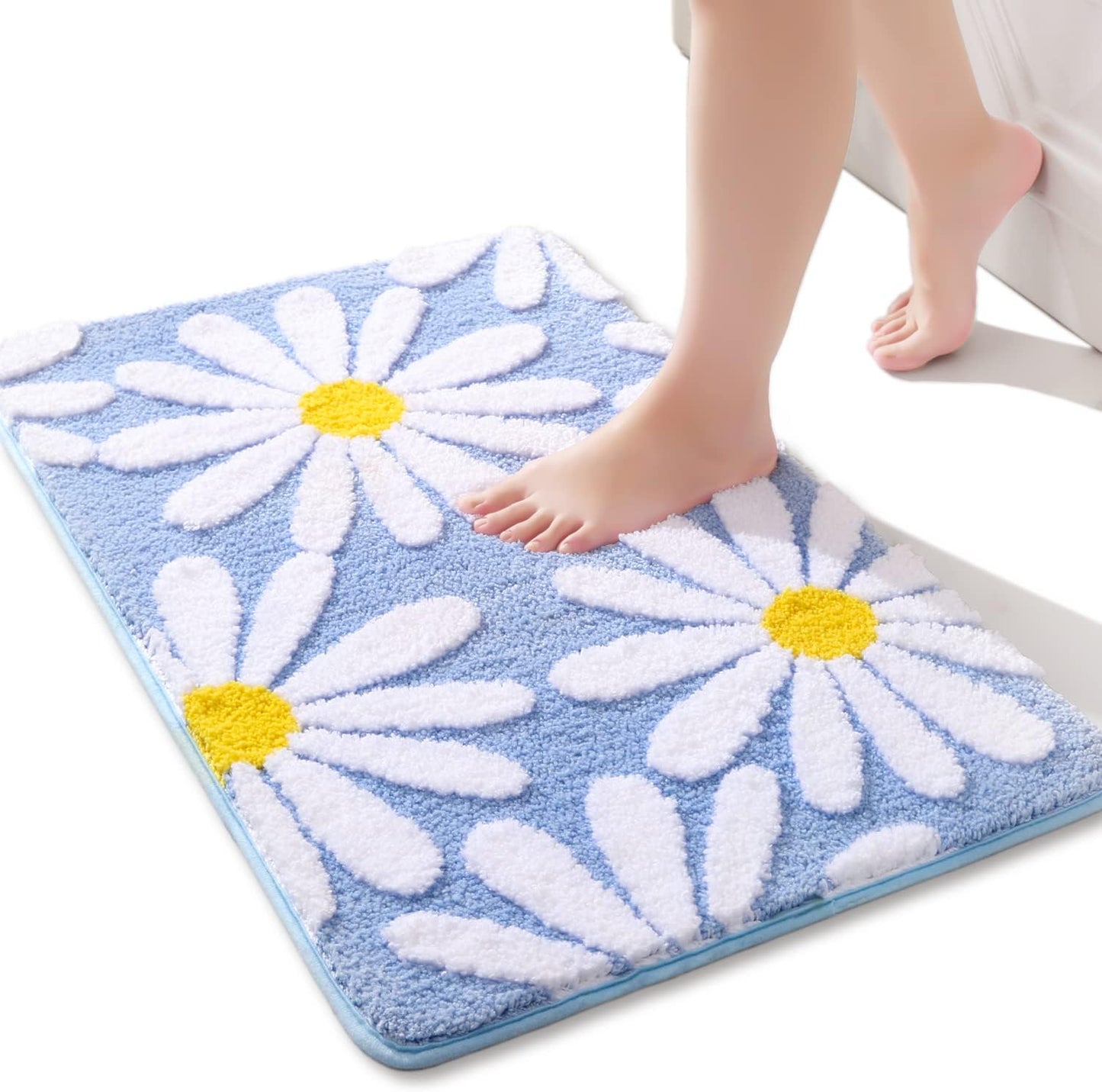 Blue Bathroom Rugs Cute Daisy Bath Mat White and Yellow Flower Decor Rug Non Slip Floor Carpet Microfiber Bathmat Super Absorbent Machine Washable Bathtub Mats for Shower (16x24 inch)